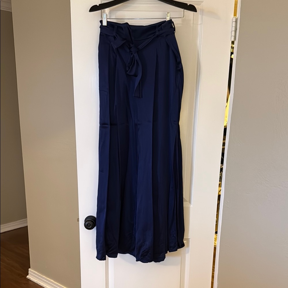 Elegant Silk Navy Blue Women's Wide leg Pants